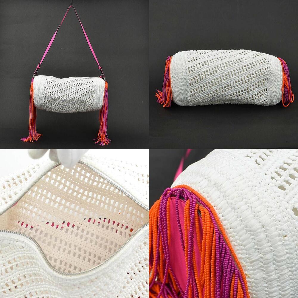 Loewe Shoulder Bag Beaded Fringe Raffia Leather White Pink Purple Orange - Picture 3 of 5
